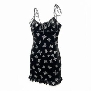 Motel Rocks Black Velvet Butterfly Glitter Mini Dress Y2K Tie Strap Ruffle Hem S